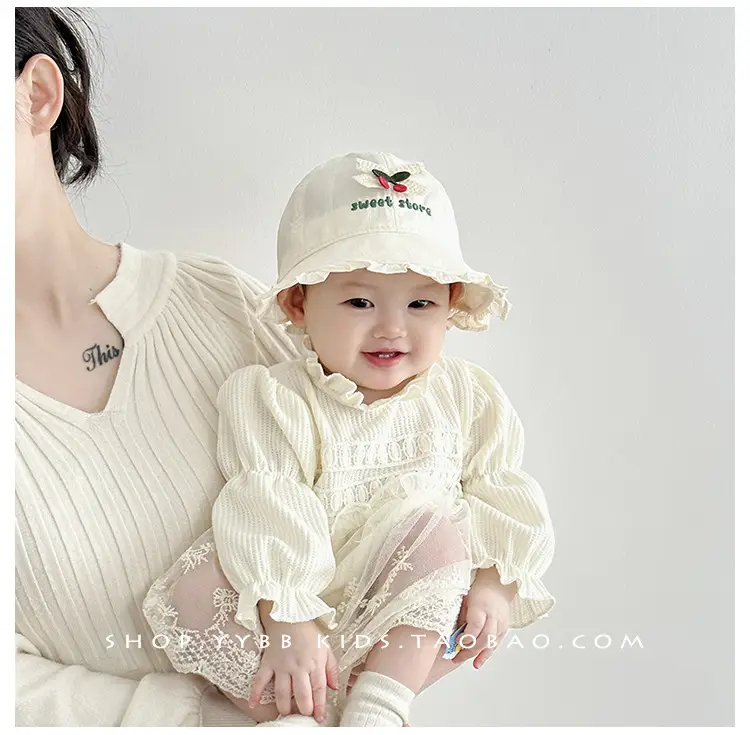 Girls' Beige Cotton Sun Hat with Cherry Embroidery — feature 5