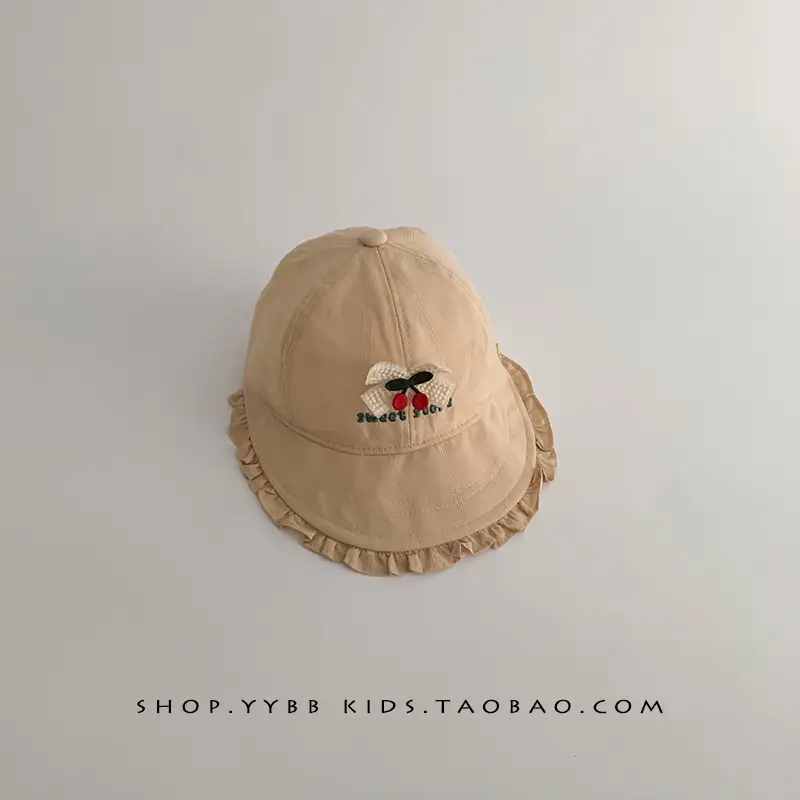 Girls' Beige Cotton Sun Hat with Cherry Embroidery - Image 2