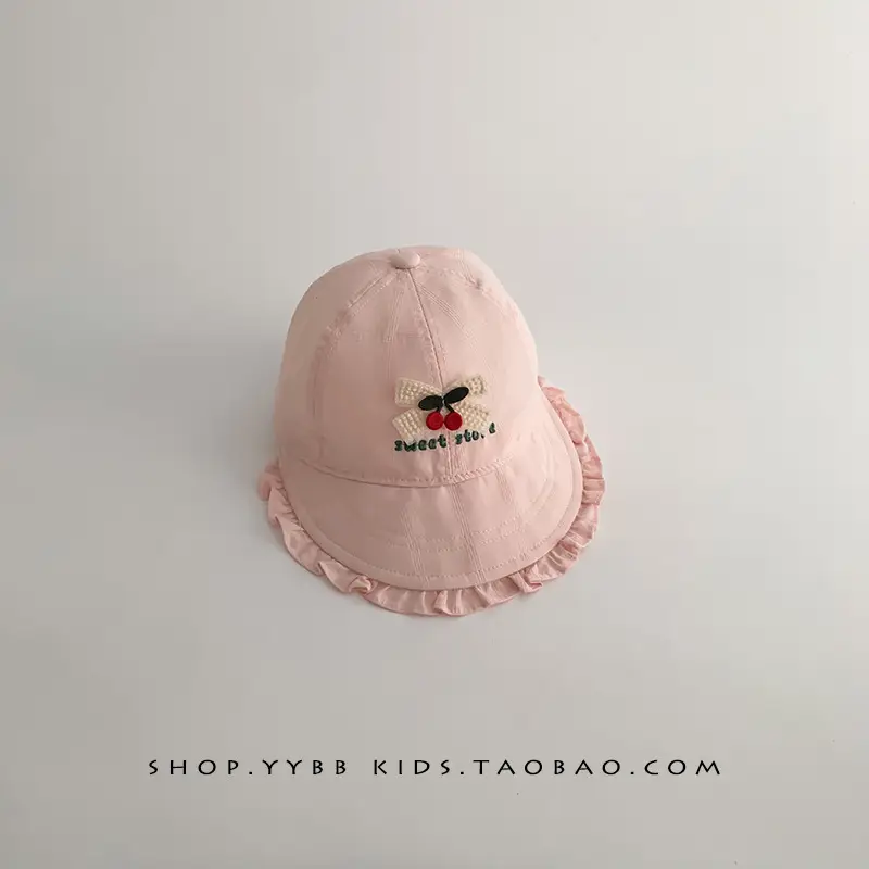 Girls' Beige Cotton Sun Hat with Cherry Embroidery - Image 3