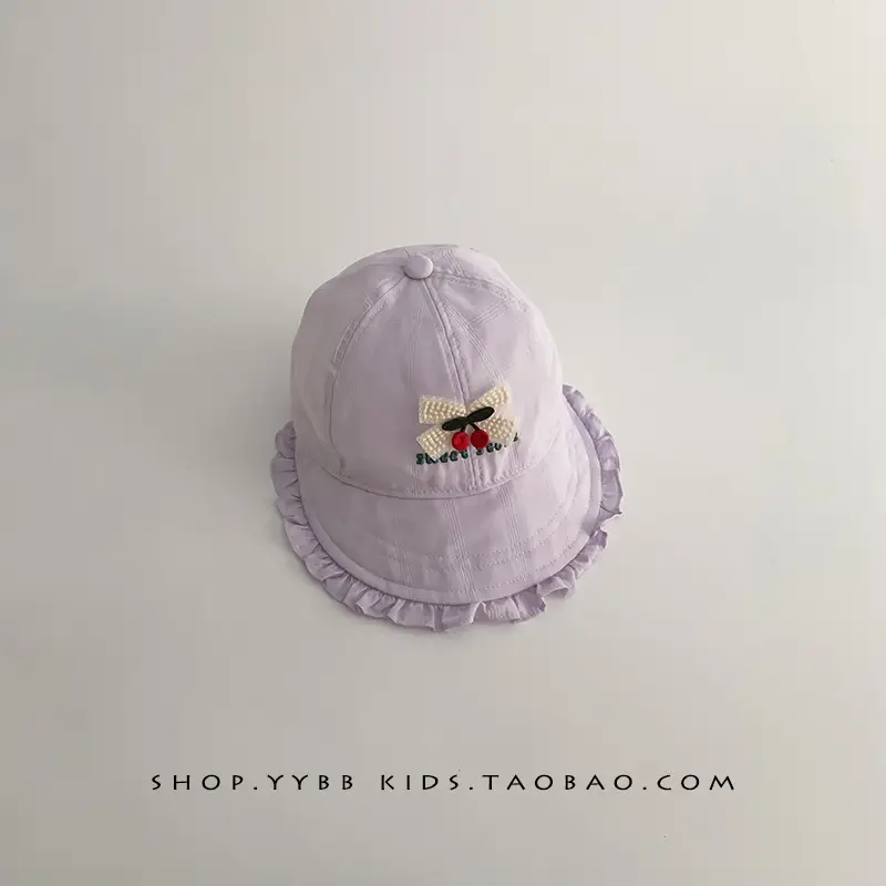 Girls' Beige Cotton Sun Hat with Cherry Embroidery - Image 4