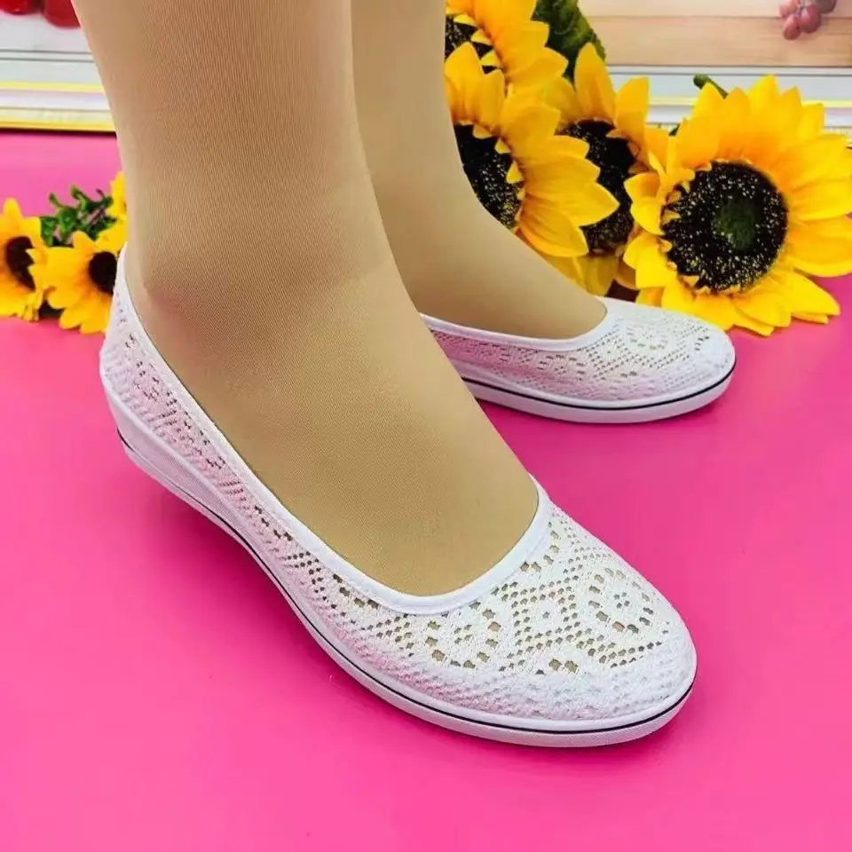 26 Summer White Wedge Flat Hollow Breathable Work Shoes with Soft Soles, Non-Slip Mesh Old Beijing Cloth Shoes for Women - Image 6