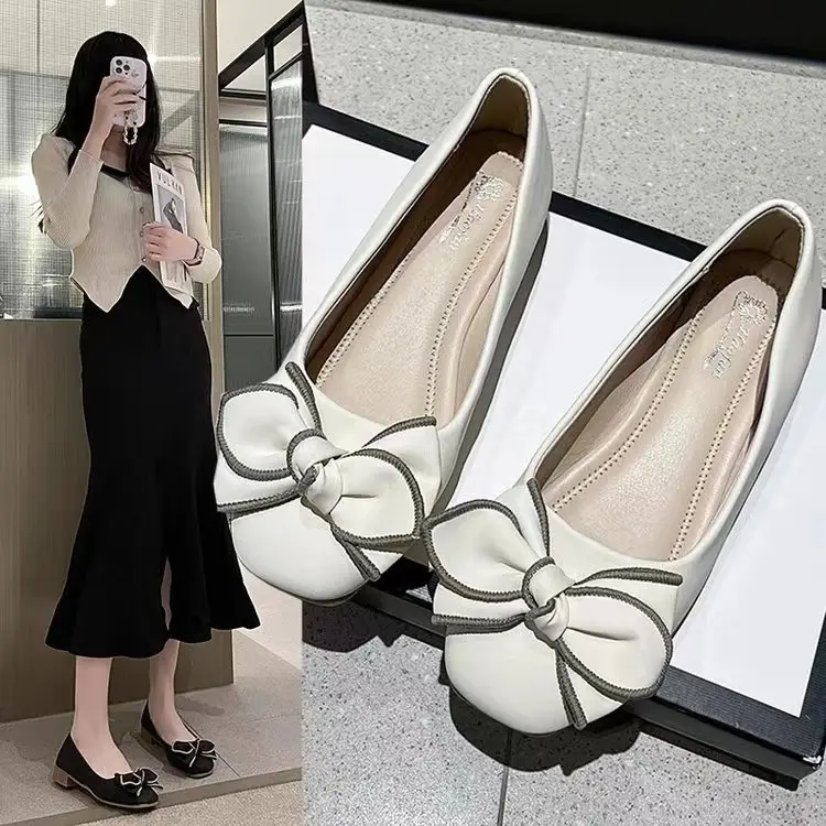 Bow Shallow Mouth Bean Shoes Women's 2025 New Spring Slip-on Soft Leather Skirt Shoes with Skirt - Image 5