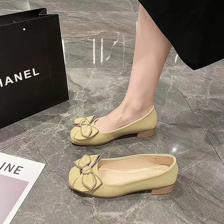 Bow Shallow Mouth Bean Shoes Women's 2025 New Spring Slip-on Soft Leather Skirt Shoes with Skirt — feature 3