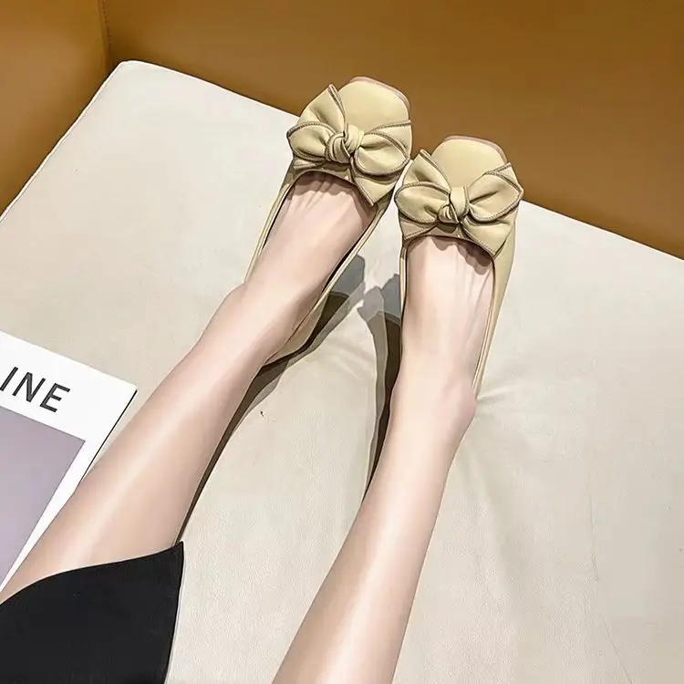 Bow Shallow Mouth Bean Shoes Women's 2025 New Spring Slip-on Soft Leather Skirt Shoes with Skirt — feature 5