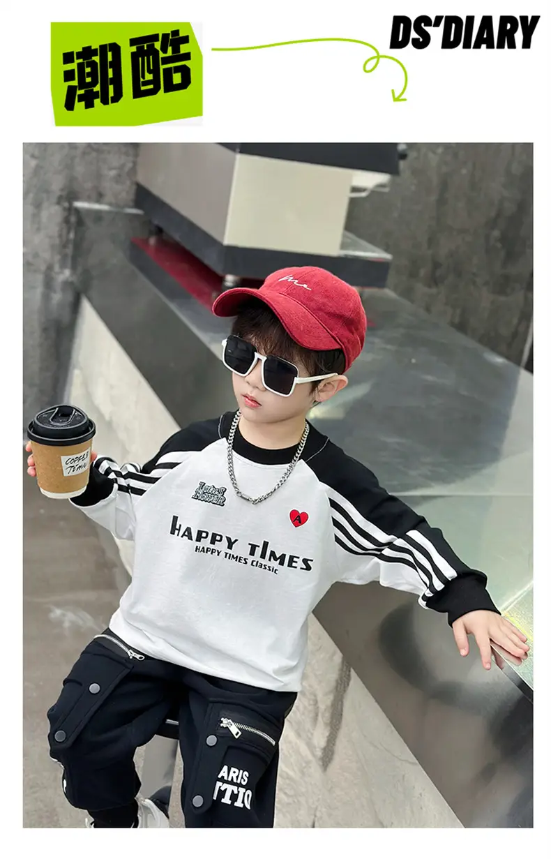 Boys Long Sleeve T-Shirt White Black Spring Autumn 2025 — feature 1