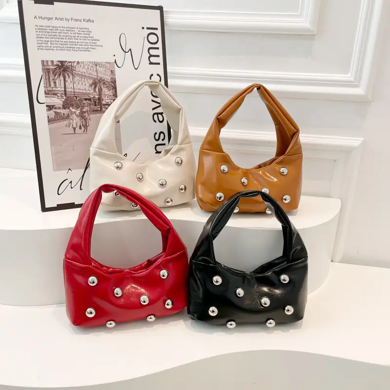 Rivet Ball Underarm Bag Red Black Brown White - Image 5