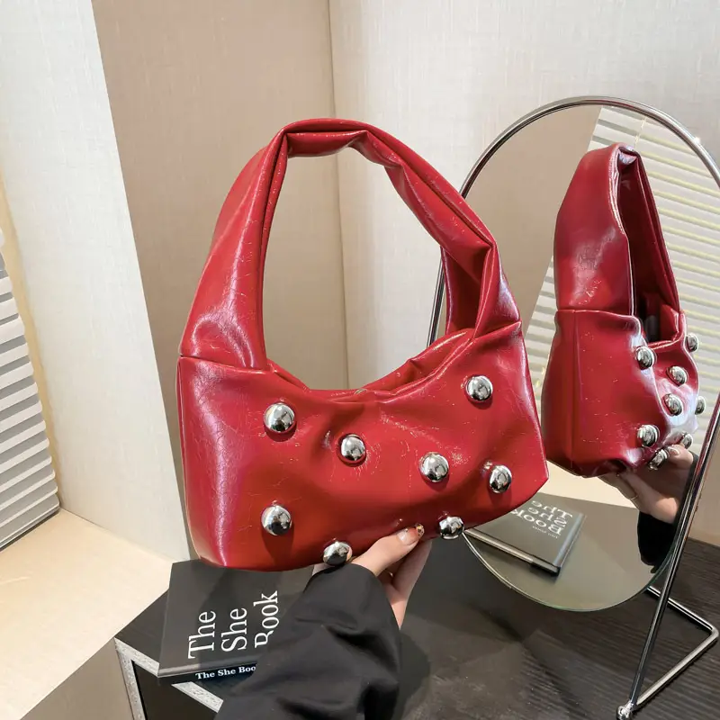 Rivet Ball Underarm Bag Red Black Brown White - Image 7