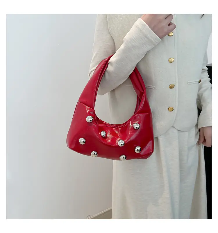 Rivet Ball Underarm Bag Red Black Brown White — feature 12