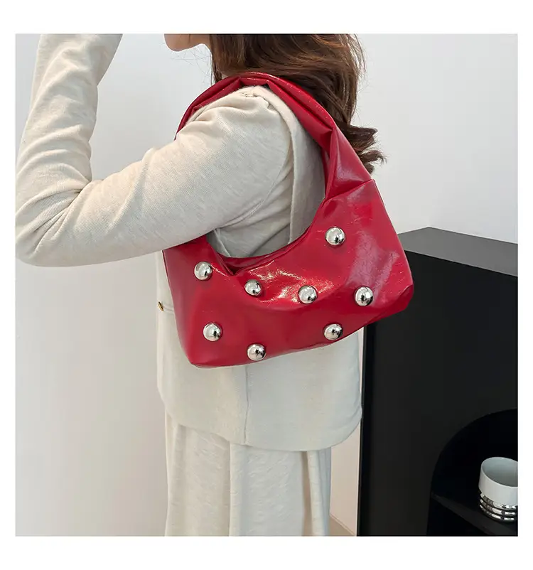 Rivet Ball Underarm Bag Red Black Brown White — feature 13