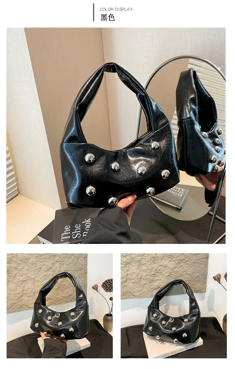 Rivet Ball Underarm Bag Red Black Brown White — feature 16