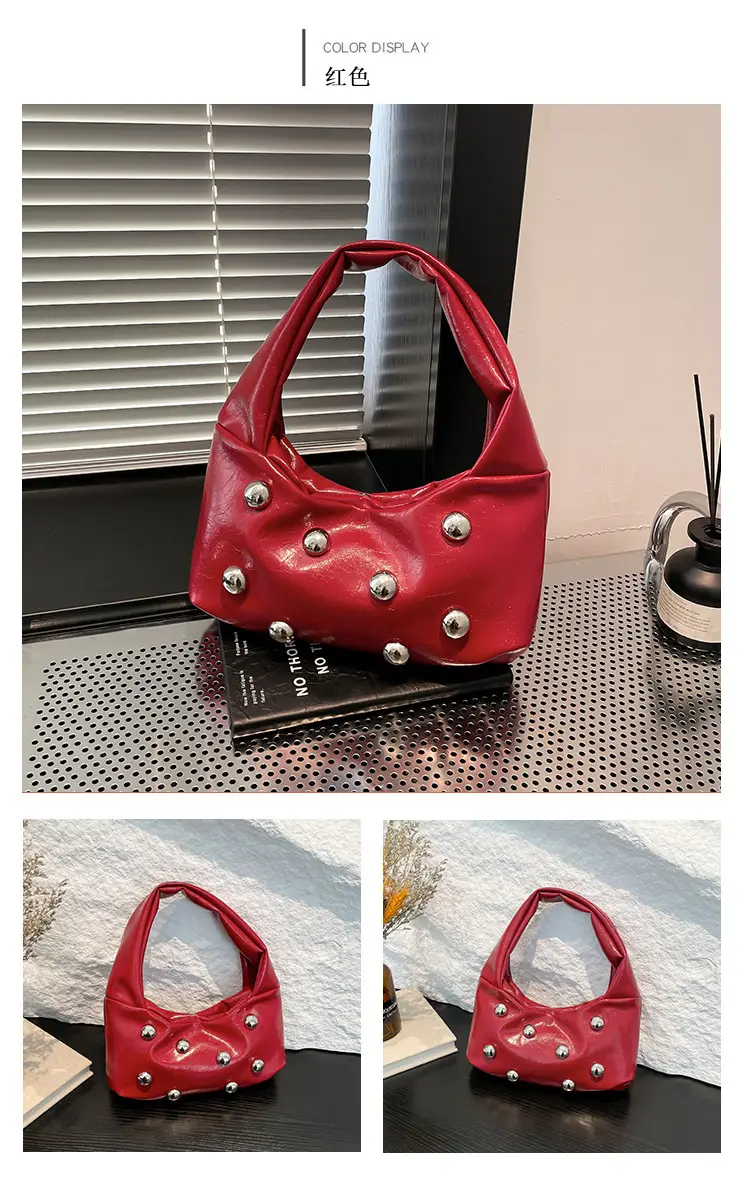Rivet Ball Underarm Bag Red Black Brown White — feature 18