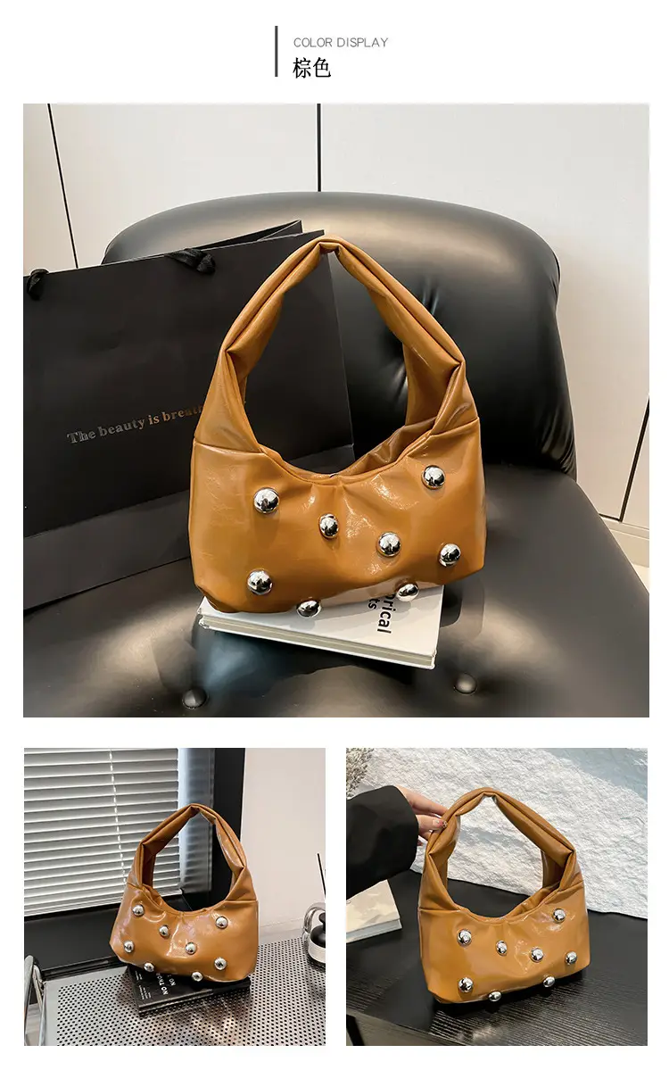 Rivet Ball Underarm Bag Red Black Brown White — feature 19