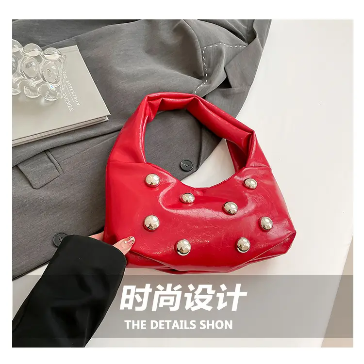 Rivet Ball Underarm Bag Red Black Brown White — feature 2