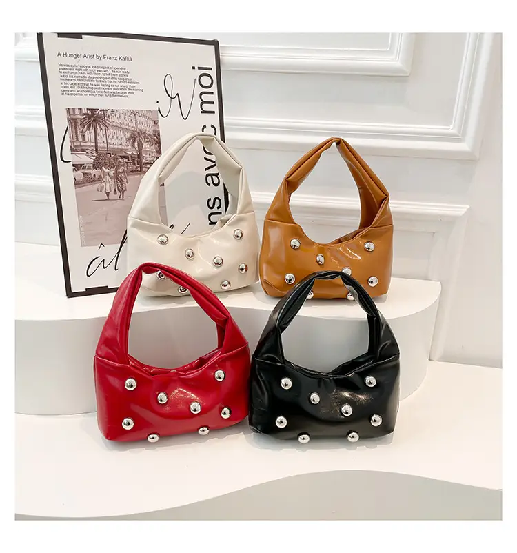 Rivet Ball Underarm Bag Red Black Brown White — feature 20