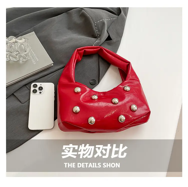 Rivet Ball Underarm Bag Red Black Brown White — feature 5