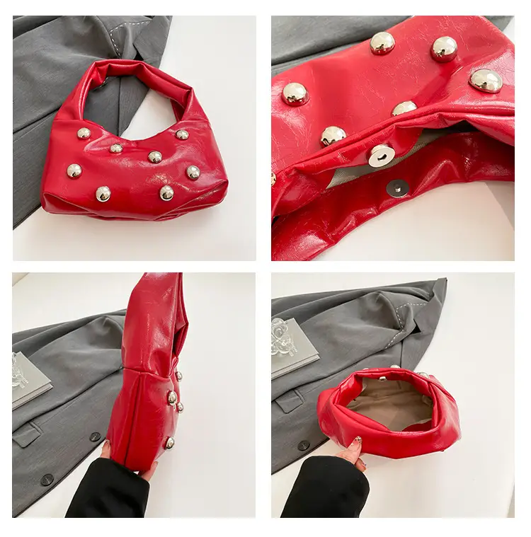 Rivet Ball Underarm Bag Red Black Brown White — feature 7