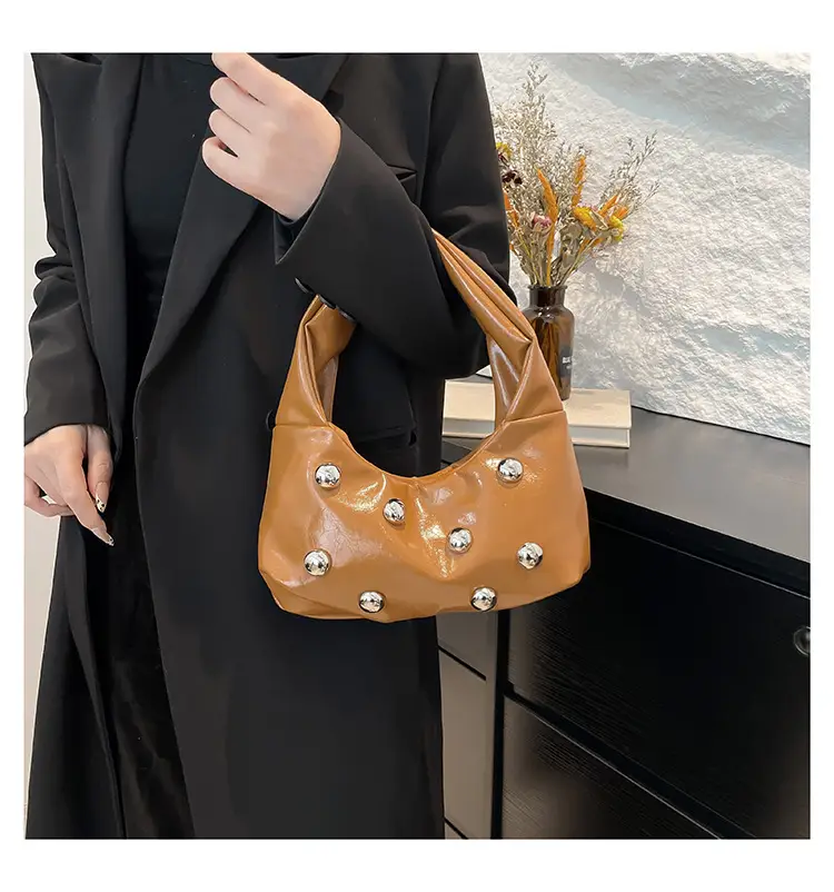 Rivet Ball Underarm Bag Red Black Brown White — feature 9