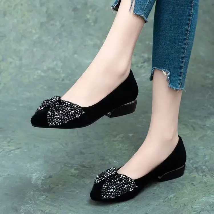 Bow rhinestone shoes 2025 spring new shallow women's shoes pointed toe women's shoes one pedal work shoes thick heel - Image 4