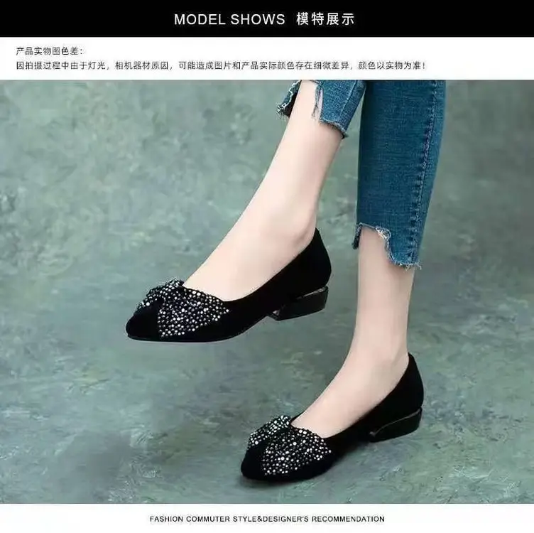 Bow rhinestone shoes 2025 spring new shallow women's shoes pointed toe women's shoes one pedal work shoes thick heel — feature 2