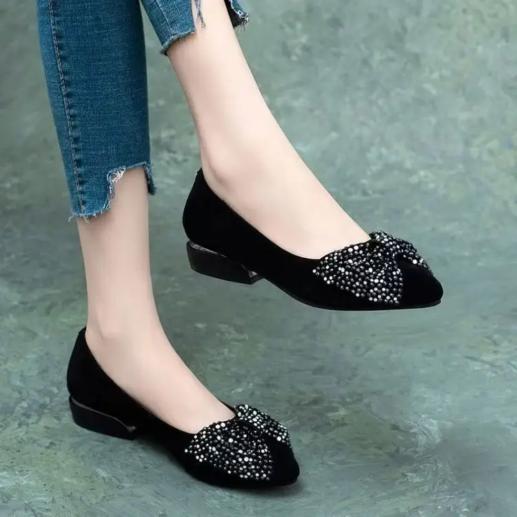 Bow rhinestone shoes 2025 spring new shallow women's shoes pointed toe women's shoes one pedal work shoes thick heel — feature 5