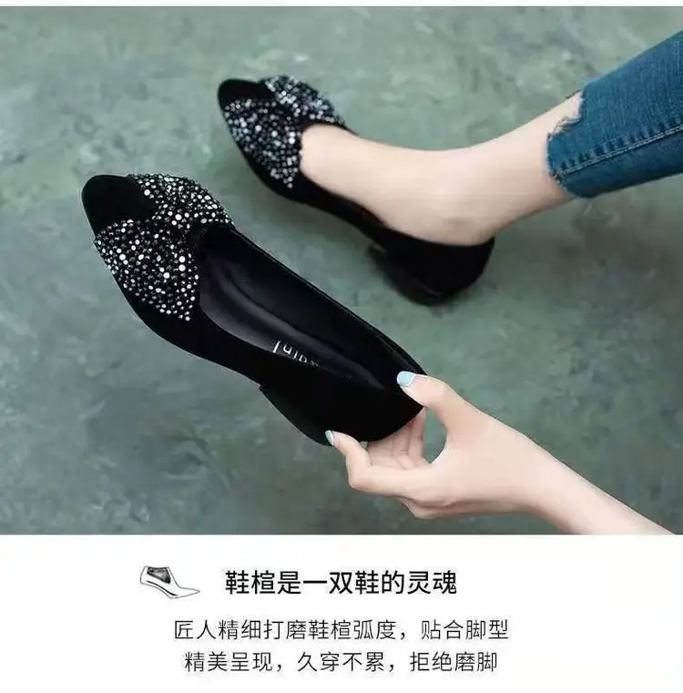 Bow rhinestone shoes 2025 spring new shallow women's shoes pointed toe women's shoes one pedal work shoes thick heel — feature 7