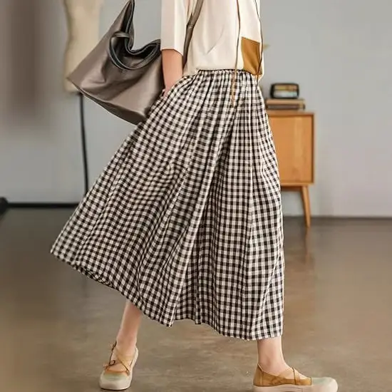 Plus Size Cotton Plaid Wide Leg Pants Skirt Set - Image 7