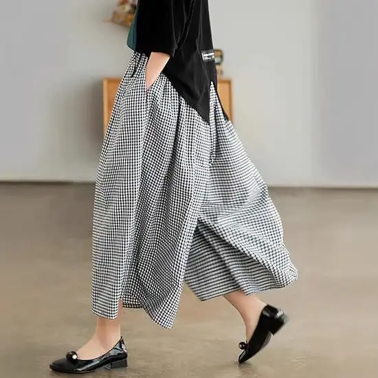 Plus Size Cotton Plaid Wide Leg Pants Skirt Set - Image 9