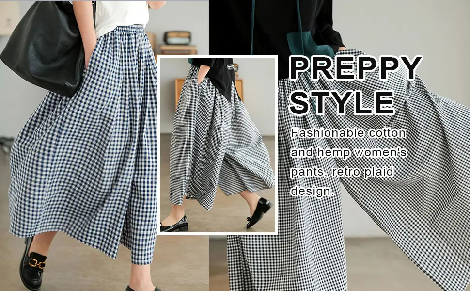 Plus Size Cotton Plaid Wide Leg Pants Skirt Set — feature 22