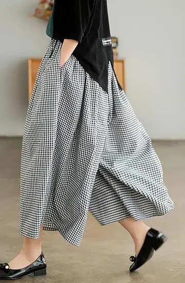 Plus Size Cotton Plaid Wide Leg Pants Skirt Set — feature 23