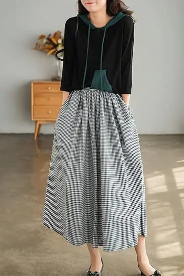 Plus Size Cotton Plaid Wide Leg Pants Skirt Set — feature 24