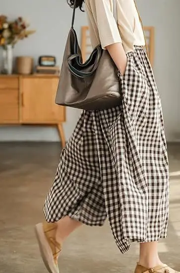 Plus Size Cotton Plaid Wide Leg Pants Skirt Set — feature 25