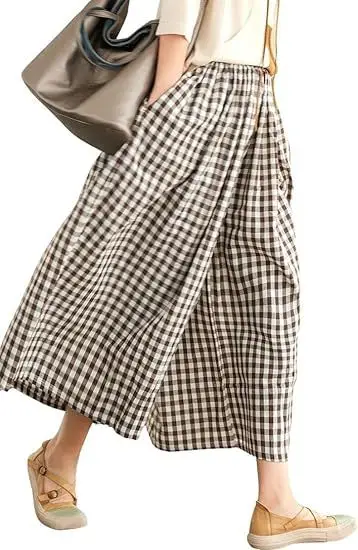 Plus Size Cotton Plaid Wide Leg Pants Skirt Set — feature 27