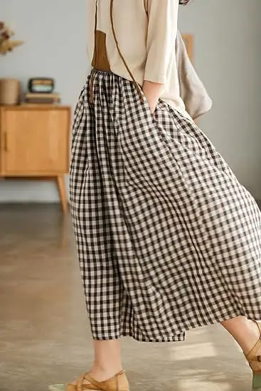 Plus Size Cotton Plaid Wide Leg Pants Skirt Set — feature 28