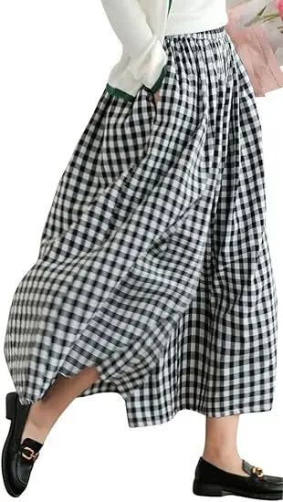 Plus Size Cotton Plaid Wide Leg Pants Skirt Set — feature 29