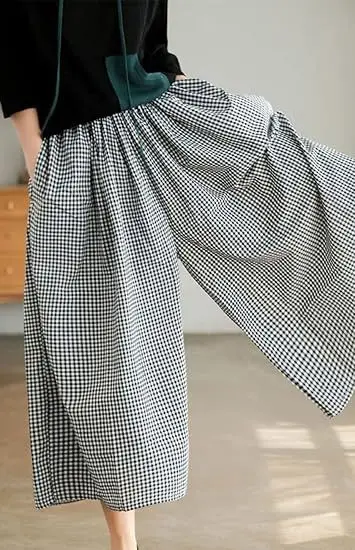 Plus Size Cotton Plaid Wide Leg Pants Skirt Set — feature 31