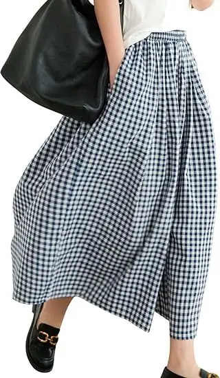 Plus Size Cotton Plaid Wide Leg Pants Skirt Set — feature 32