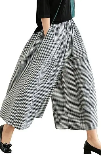 Plus Size Cotton Plaid Wide Leg Pants Skirt Set — feature 34