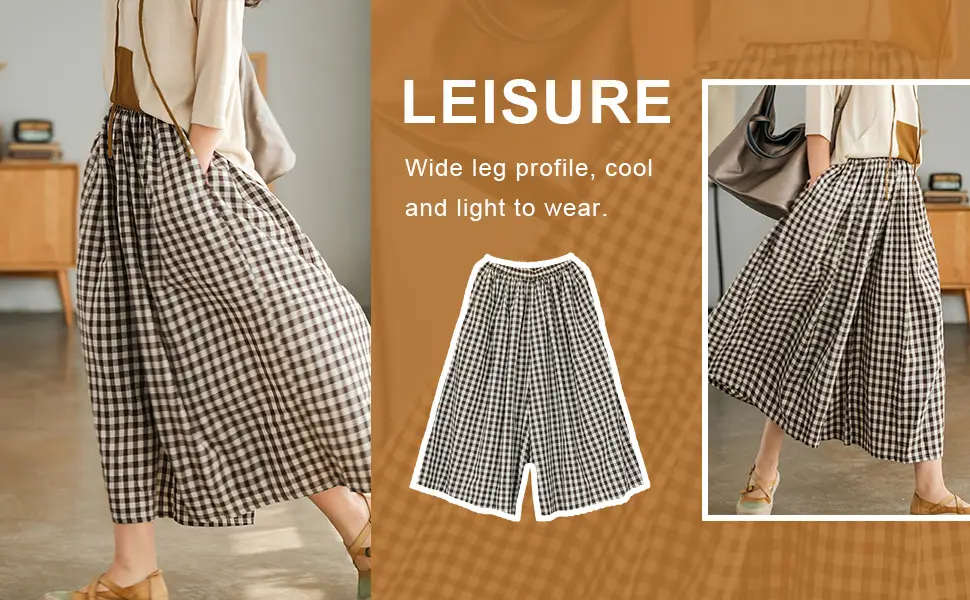 Plus Size Cotton Plaid Wide Leg Pants Skirt Set — feature 35