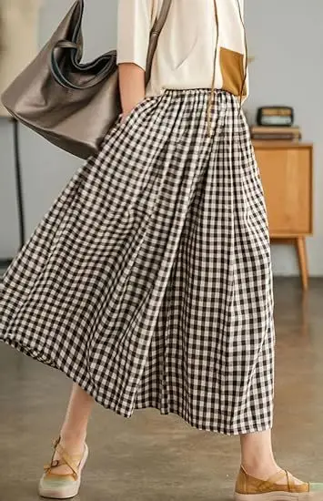 Plus Size Cotton Plaid Wide Leg Pants Skirt Set - Image 3