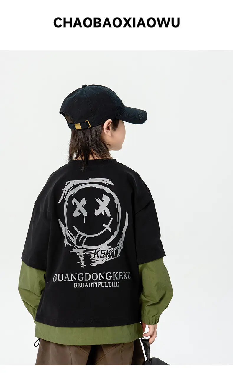 Boys Long Sleeve Korean Style T-Shirt Black Green — feature 1