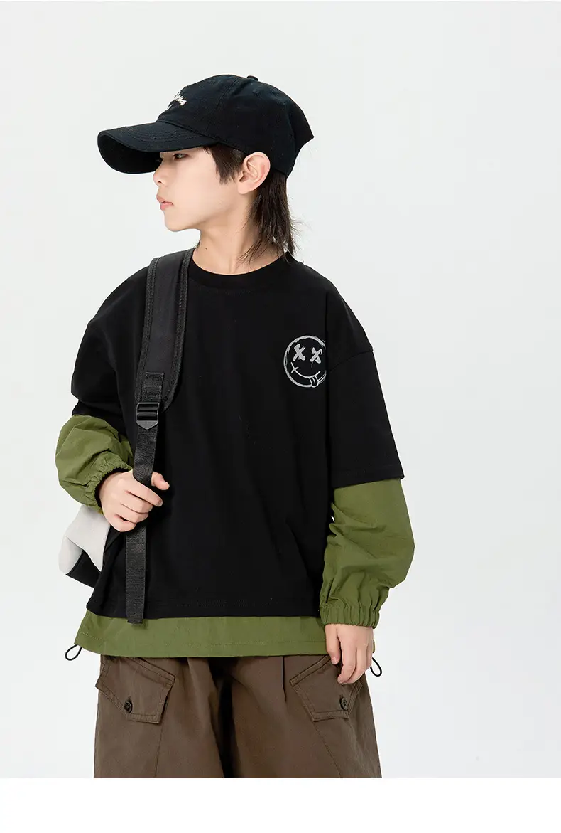 Boys Long Sleeve Korean Style T-Shirt Black Green — feature 12