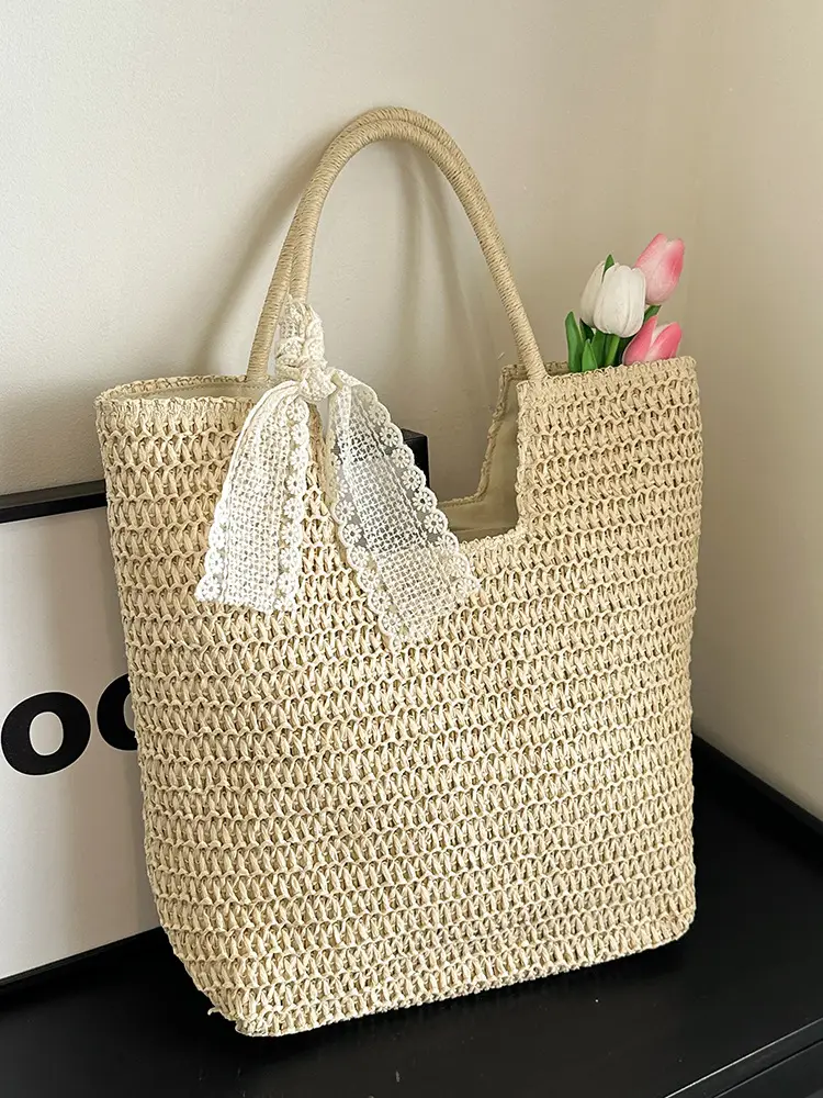 Women's French Woven Shoulder Bag Large Capacity Beige