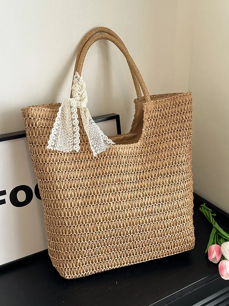 Women's French Woven Shoulder Bag Large Capacity Beige