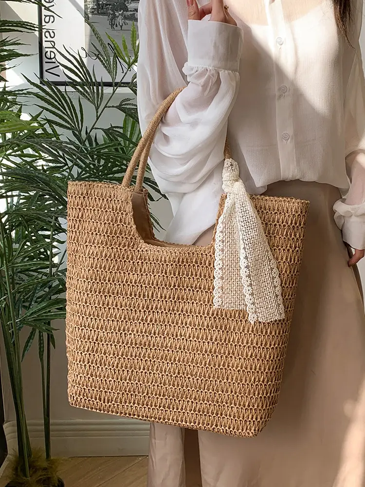Women's French Woven Shoulder Bag Large Capacity Beige