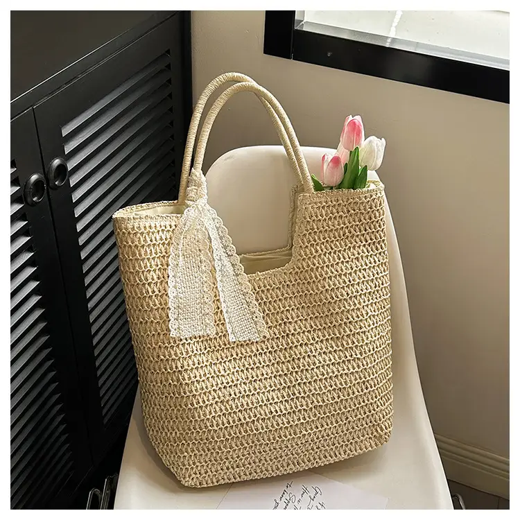 Women's French Woven Shoulder Bag Large Capacity Beige — feature 22