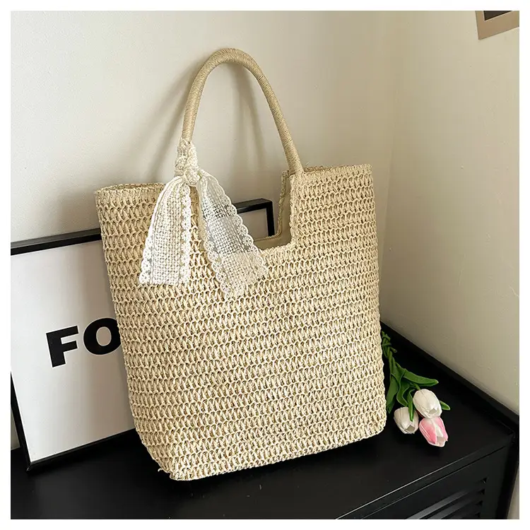 Women's French Woven Shoulder Bag Large Capacity Beige — feature 24