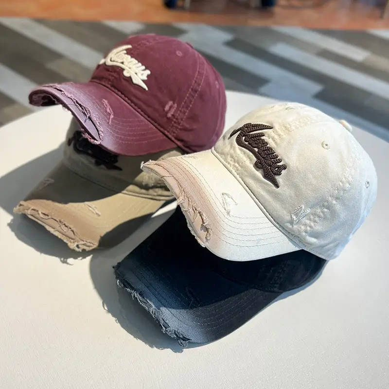 Women Vintage Washed Cap Ravee Embroidery Pink Black - Image 9