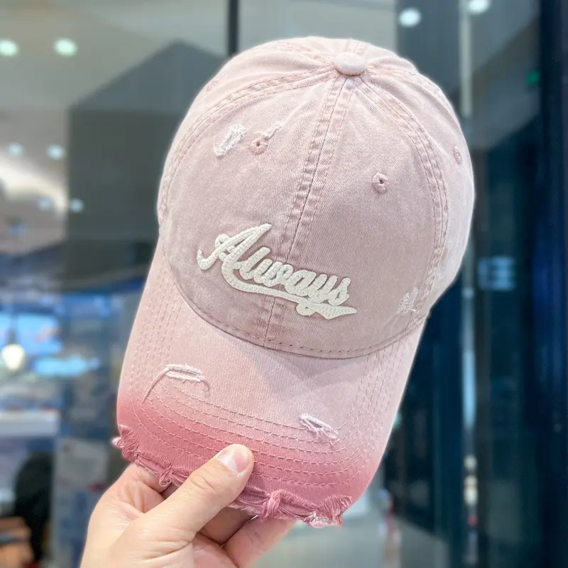Women Vintage Washed Cap Ravee Embroidery Pink Black - Image 4