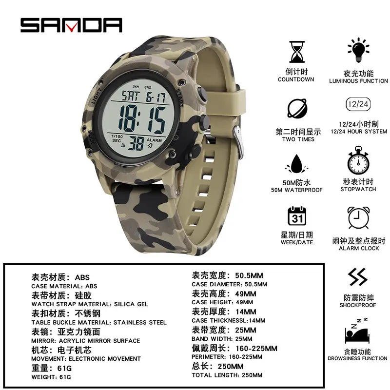 Sanda Camouflage Digital Watch for Men Women - Image 8