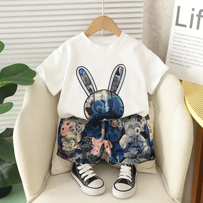 Children's Bunny Print 2Pc Suit Brown White Floral Shorts - Image 6
